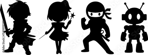 Fantasy Hero Ninja Fairy Robot Character Silhouettes Set