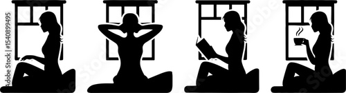 Silhouette Woman Relaxing Reading Drinking Coffee Window Scene