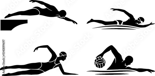 Swimming Diving Water Polo Player Silhouettes Sports Activity