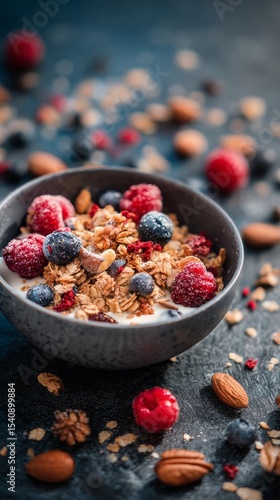 Healthy Breakfast Bowl With Granola, Berries, and Almonds Arranged Beautifull...