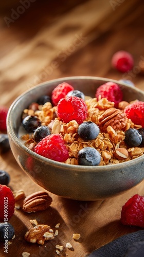 Healthy Breakfast Bowl With Yogurt, Granola, Nuts, and Fresh Berries in a Coz...