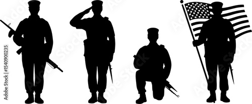 American Soldier Silhouettes Armed Saluting Holding Flag