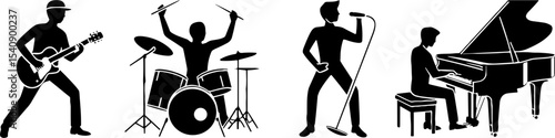 Silhouette Band Musicians Playing Guitar Drums Microphone Piano Performers