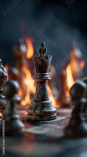 Chess Pieces Surrounded by Flames Create an Intense Atmosphere During a Strat...