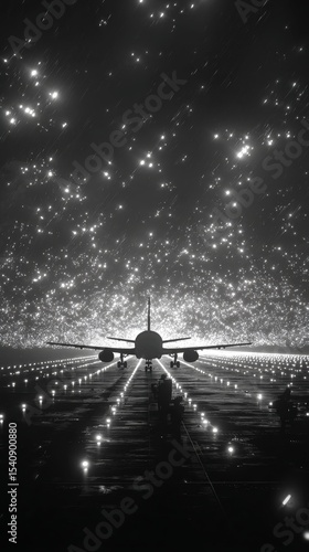 Airplane on Runway Illuminated by Bright Lights at Night With a Bright Starry...