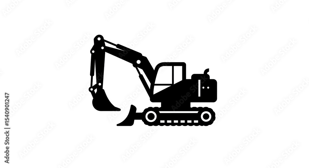 A black silhouette of an excavator with a raised arm on a white background in a simple illustration A black silhouette of an excavator with a raised arm on a white background in a simple illustration
