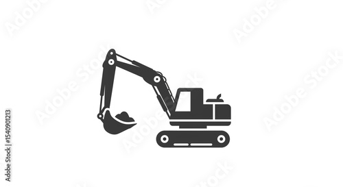 A graphic illustration of a dark gray excavator with a white background and a visible bucket arm