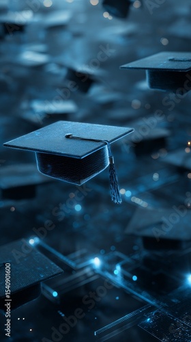 Graduation Caps Floating Above Digital Blocks in Futuristic Study Environment.