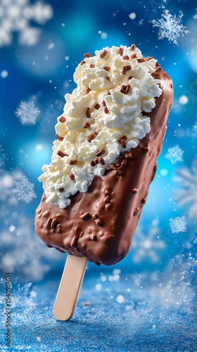 Delicious Chocolate Coated Ice Cream Treat Against a Snowy Backdrop in Winter.