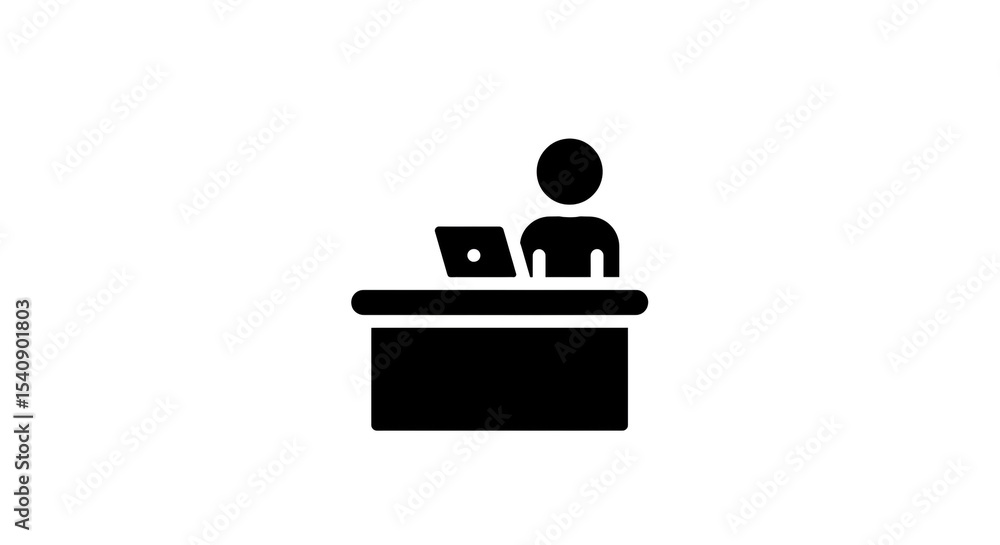 Black silhouette of a person sitting at a desk with a laptop on a white isolated background Black silhouette of a person sitting at a desk with a laptop on a white isolated background