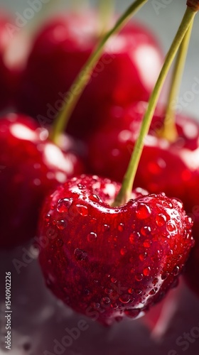 Fresh Cherries With Droplets Glowing Under Bright Light in a Vibrant Setting.