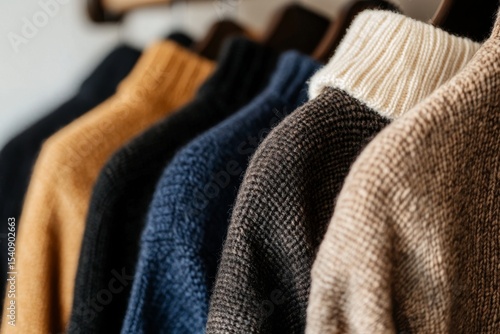 Warm Knitted Sweaters Hanging Neatly on a Wooden Rack in a Cozy Setting.