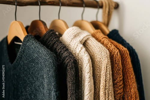Warm Knitted Sweaters Hanging Neatly on a Wooden Rack in a Cozy Setting