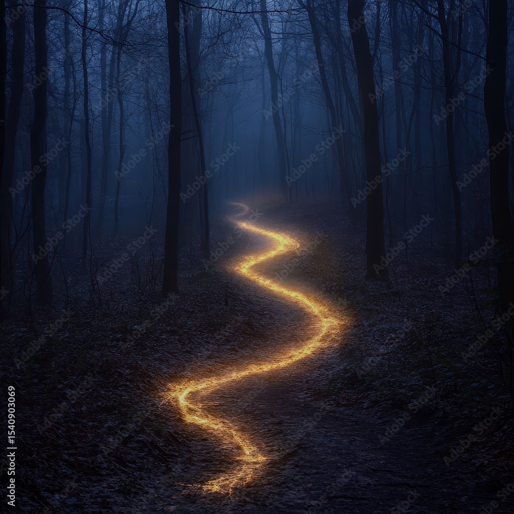 Fototapeta premium A glowing path winding through a misty forest