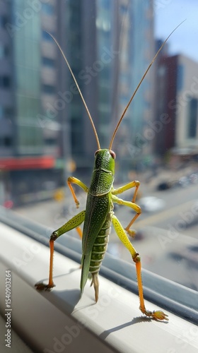 Grasshopper on Window Ledge Overlooking a Busy City Street During a Sunny Day