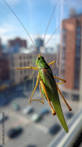 Grasshopper on a Window With a City Backdrop During the Daytime.