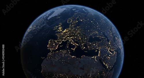 Fototapeta Naklejka Na Ścianę i Meble -  Earth at night europe africa middle east city lights space view from orbit planet globe world map