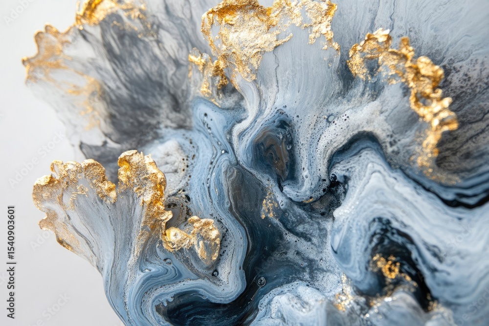 Fototapeta premium Abstract art with blue, gray, and white fluid acrylics accented with textures of gold and shimmering swirls.