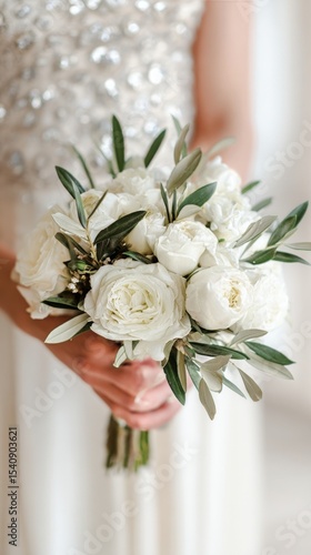 Elegant White Bouquet Featuring Roses and Seasonal Flowers Held by a Bride Du...