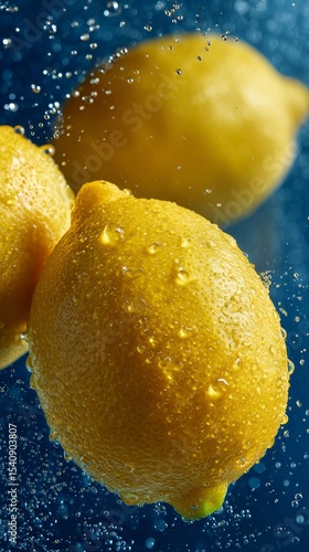 Fresh Lemons Splashing in Water Droplets Against a Blue Background
