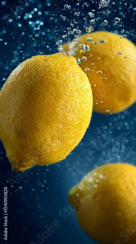 Fresh Lemons Splashing in Water Droplets Against a Blue Background.