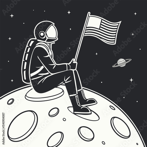 Astronaut sitting on the moon holding an American flag, space exploration, lunar surface