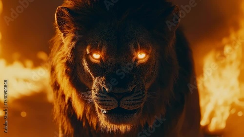 Watch a powerful lion standing boldly with glowing eyes against a dramatic fire-lit background, showcasing raw strength and cinematic beauty. The intensity of the moment captivates the viewer