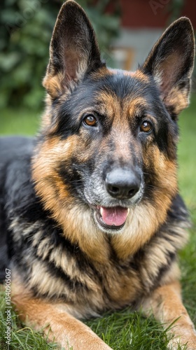 German Shepherd Resting on Green Grass in Front of Modern Building.