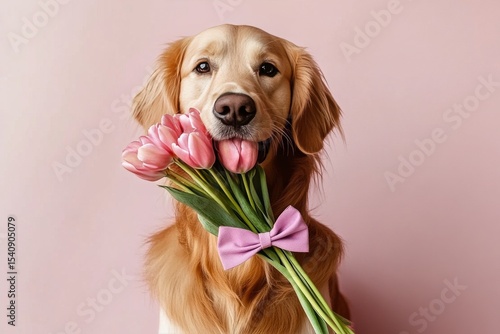 Golden Retriever Holds Pink Tulips Against a Soft Pink Background With a Purp...