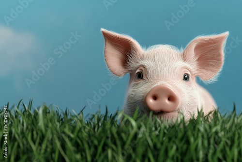 Cute Piglet Enjoying a Sunny Day in a Grassy Field With Clear Blue Sky.