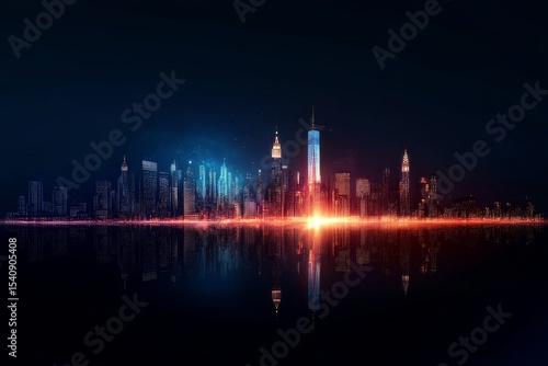 City Skyline Illuminated at Night With Vibrant Colors Reflecting on Water.