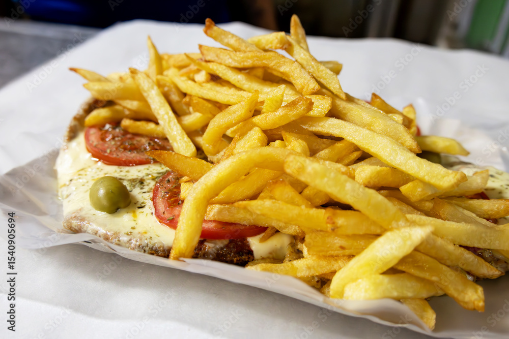 Argentinean food called Milanesa Napolitana where you can see the fries that accompany the dish on top of the meal Argentinean food called Milanesa Napolitana where you can see the fries that accompany the dish on top of the meal