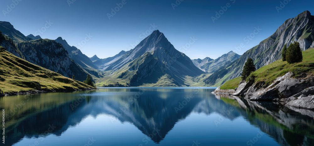 Fototapeta premium Majestic mountain landscape reflecting in tranquil lake, surrounded by lush greenery and rocky shores, showcasing the beauty of nature and serene outdoor environment