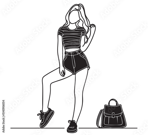 A walking teenage girl in tight jeans and a t-short, comfortable shoes, bag, shcoolbag