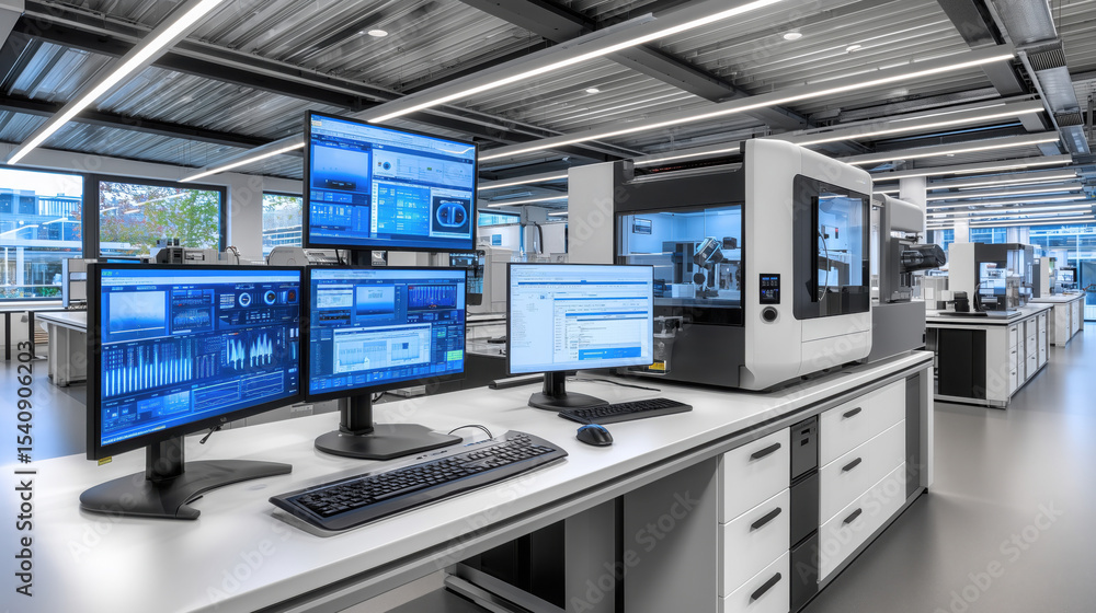Fototapeta premium Modern laboratory workspace featuring multiple computer monitors displaying data analytics, with advanced machinery and a sleek design, showcasing a high-tech environment for research and innovation