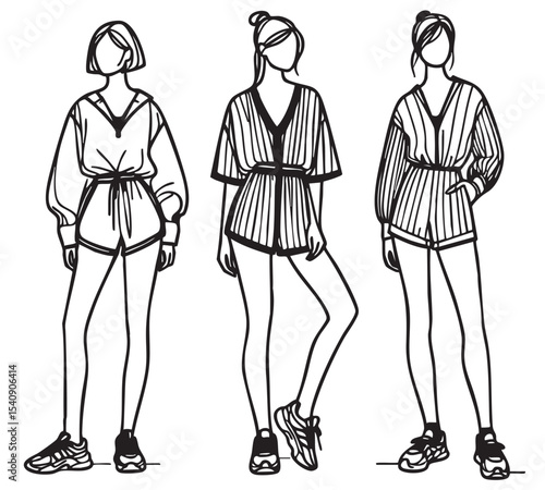 Fashion illustration. Model, girl in short shorts, summer clothes, abstract