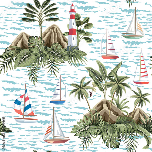 Sailboat, lighthouse, island, palm tree, tropical leaves, sea wave seamless pattern. Summer marine wallpaper.