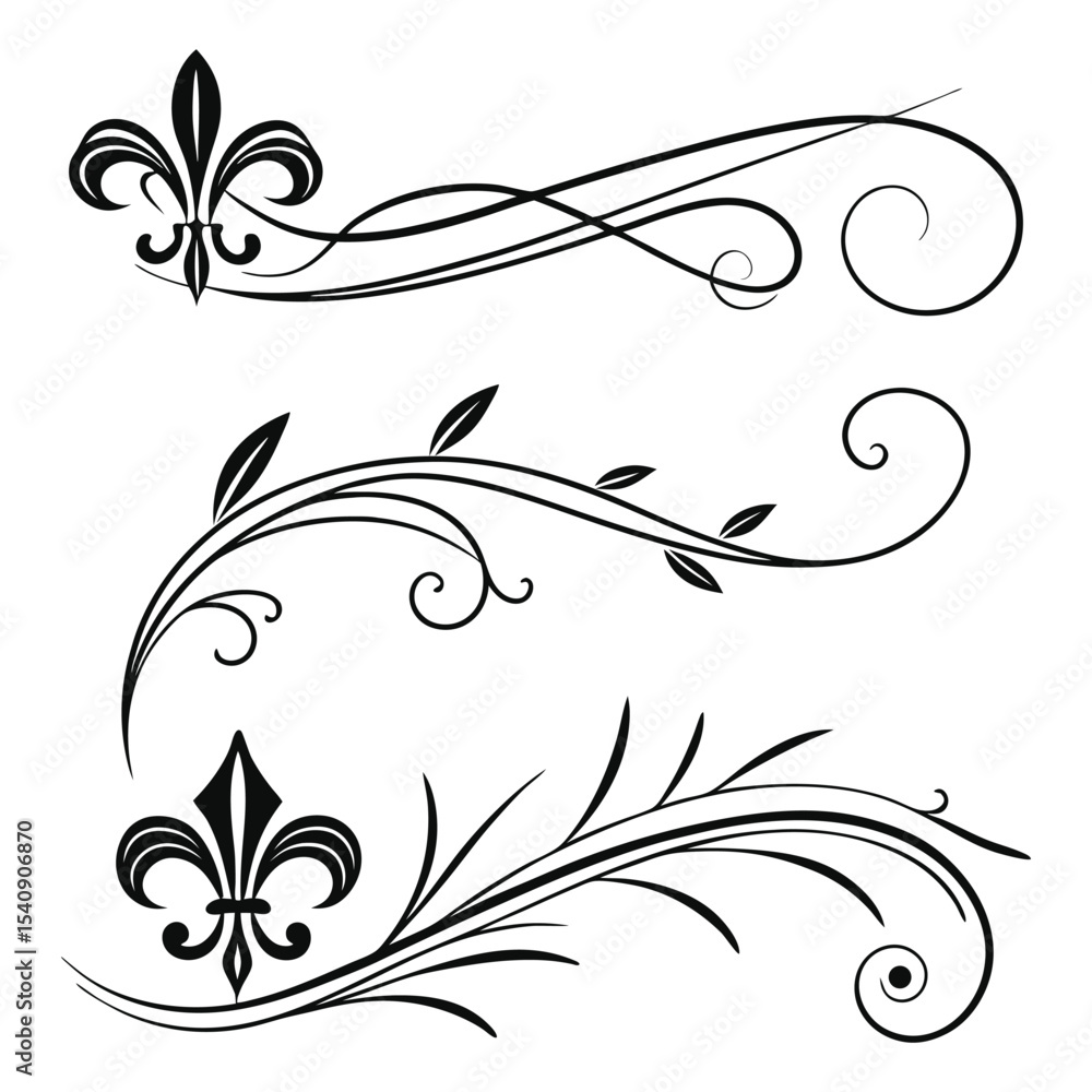 Fototapeta premium Three Black Fleur De Lis and Swirling Floral Design Elements on White Background