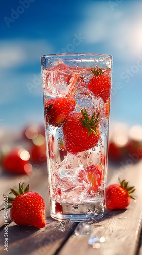 Refreshing Strawberry Drink Served in Glass With Ice on Sunny Day