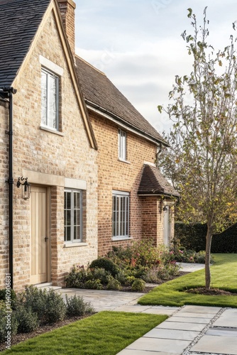 Wallpaper Mural Charming traditional house with stone facade and landscaped garden in a peaceful neighborhood during early evening hours showcasing lush greenery and tidy pathways Torontodigital.ca