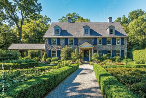 Wallpaper Mural Beautiful stone house with blue shutters surrounded by lush gardens in a peaceful neighborhood on a sunny summer day in the countryside Torontodigital.ca