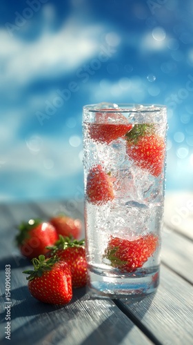 Refreshing Strawberry Sparkling Drink on a Wooden Table by the Water on a Sun...