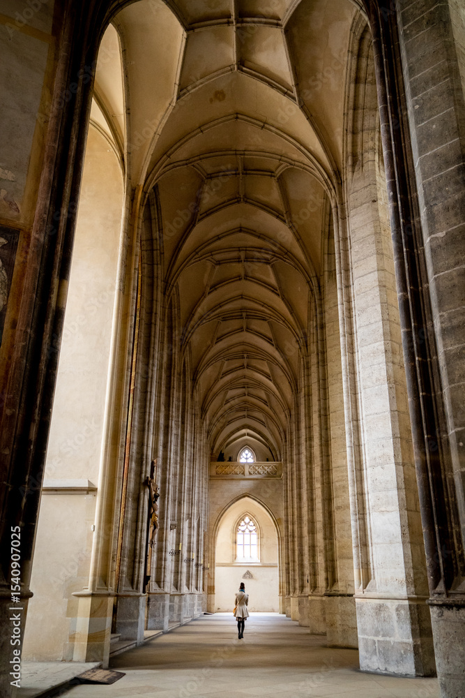 Fototapeta premium Espectaculares vistas del interior de la Catedral de Santa Bárbara, en Kutná Hora, Republica Checa. Una persona camina de espaldas en la lejanía