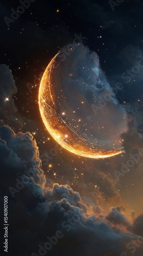 Bright Crescent Moon Shining Through Enchanting Clouds at Twilight