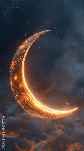Bright Crescent Moon Shining Through Enchanting Clouds at Twilight.