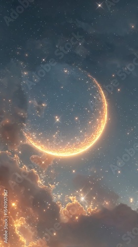 Celestial Crescent Moon Glowing Among Stars in Twilight Sky