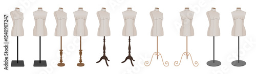 Collection of female tailor dress forms with different vintage and modern stands. Vector illustration of sewing mannequins for fashion design and garment making.