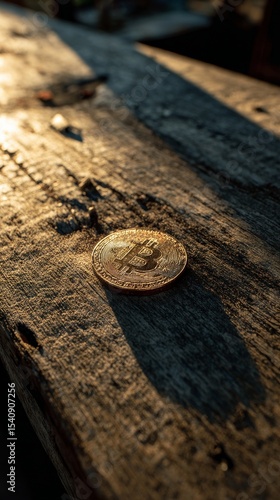 Bitcoin Coin Resting on a Weathered Wooden Surface During Golden Hour Light