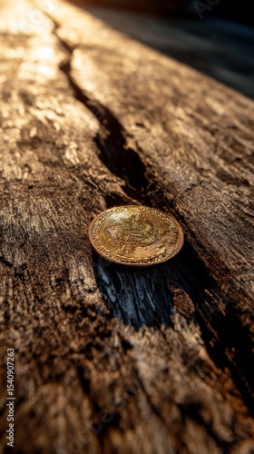 Bitcoin Coin Resting on a Weathered Wooden Surface During Golden Hour Light.
