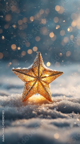 Sparkling Golden Star Ornament Resting on Snow With Bokeh Lights in the Backg...